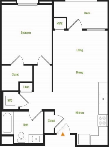 Floor plan for 1 bed, 1 bath, 677 sqft